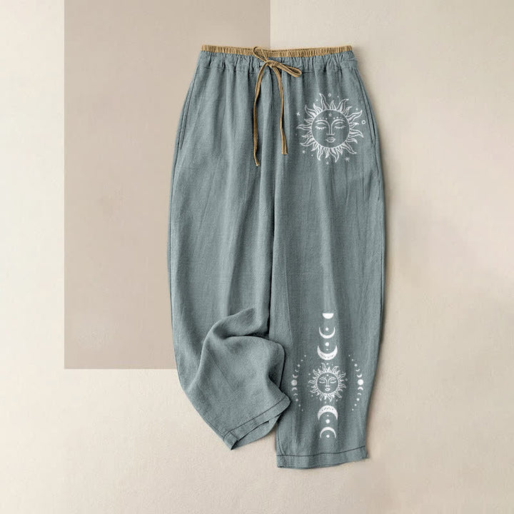 Buddha Stones Pantalones de mujer de algodón puro con estampado de sol, luna y estrellas, cintura elástica y bolsillos. - Azul cadete - US16，UK/AU20，EU48 (3XL) - image 5