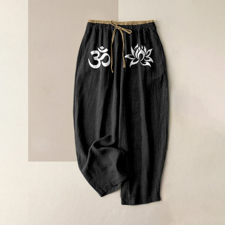 Buddha Stones Pantalones de mujer de algodón puro blanco con estampado OM y loto, cintura elástica y bolsillos. - Negro - US16，UK/AU20，EU48 (3XL) - image 0