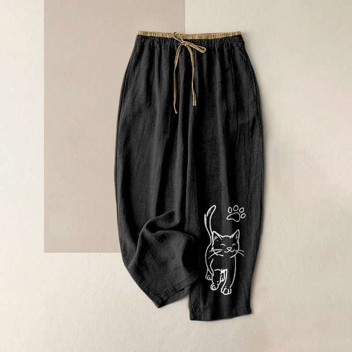 Buddha Stones Pantalones de mujer de algodón puro con estampado de gatos y cintura elástica, con bolsillos. - Negro - US16，UK/AU20，EU48 (3XL) - image 0