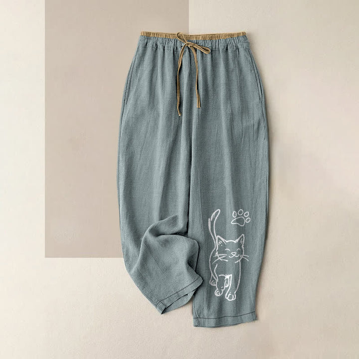 Buddha Stones Pantalones de mujer de algodón puro con estampado de gatos y cintura elástica, con bolsillos. - Azul cadete - US16，UK/AU20，EU48 (3XL) - image 4