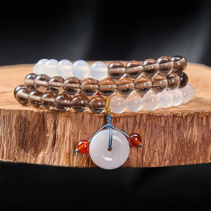 Buddha Stones Pulsera multienrollada con hebilla de paz de obsidiana de hielo y calcedonia blanca, modelo Serenity. - Obsidiana de hielo (Limpieza ♥ Positiva) - 8 mm - image 0