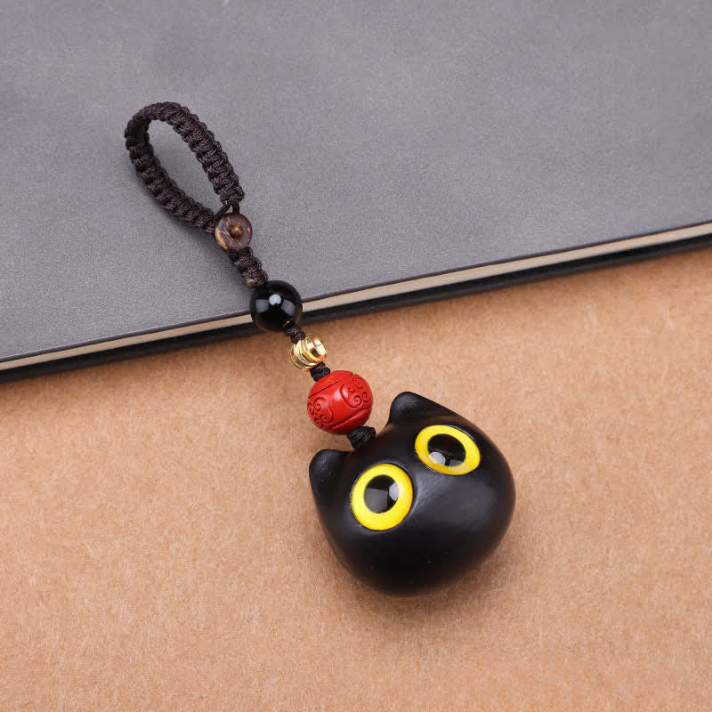 Buddha Stones Llaveros de madera de ébano con diseño de gato adorable, tallados a mano, símbolo de paz. - Cuerda trenzada para gatos grandes - image 1