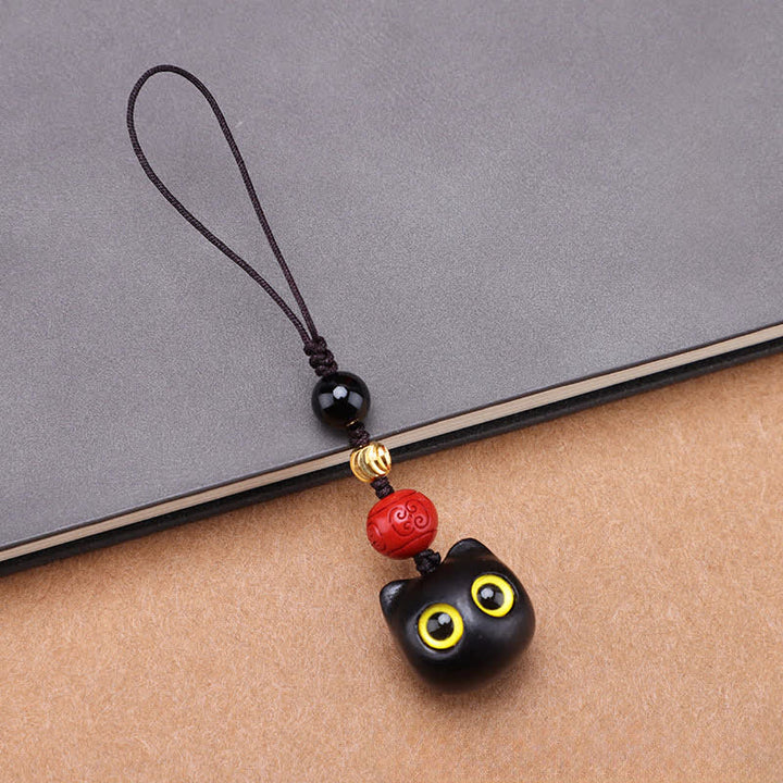 Buddha Stones Llaveros de madera de ébano con diseño de gato adorable, tallados a mano, símbolo de paz. - Cuerda lisa para gato pequeño - image 12