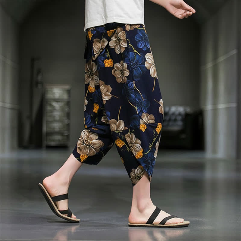 Buddha Stones Pantalones capri de verano informales estilo boho con estampado floral para hombre, corte ajustado y bolsillos. - image 5