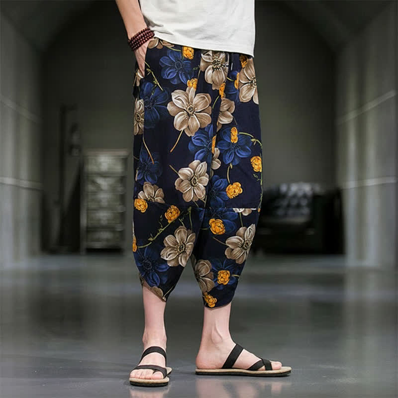 Buddha Stones Pantalones capri de verano informales estilo boho con estampado floral para hombre, corte ajustado y bolsillos. - image 3