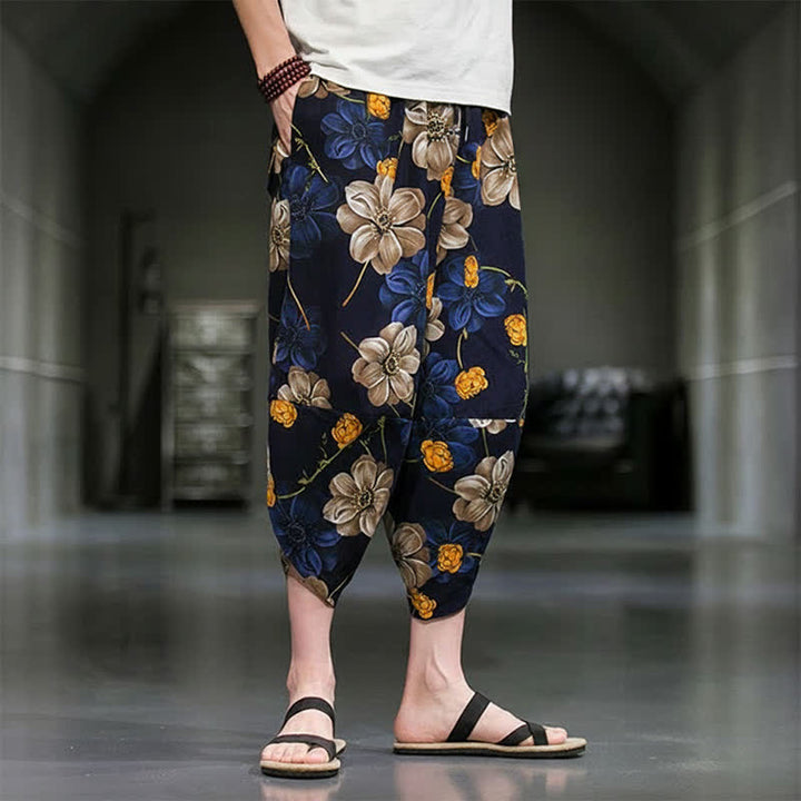 Buddha Stones Pantalones capri de verano informales estilo boho con estampado floral para hombre, corte ajustado y bolsillos. - image 3