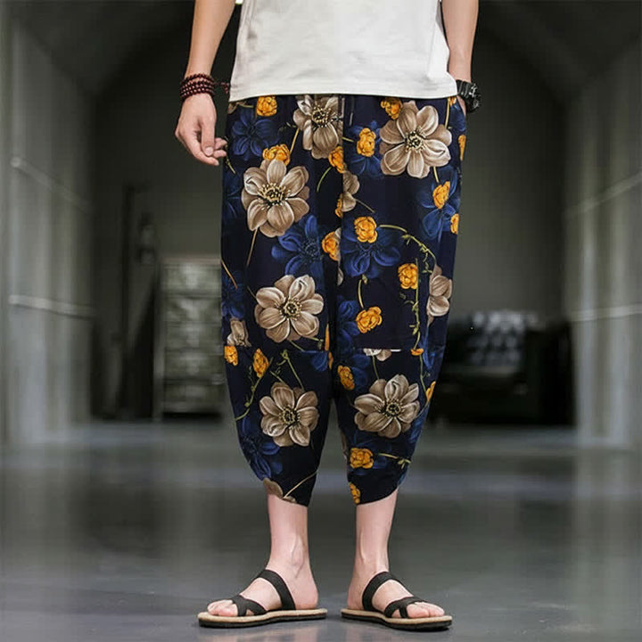 Buddha Stones Pantalones capri de verano informales estilo boho con estampado floral para hombre, corte ajustado y bolsillos. - image 1