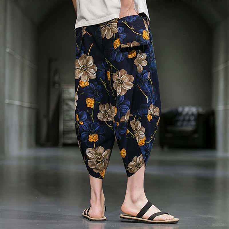 Buddha Stones Pantalones capri de verano informales estilo boho con estampado floral para hombre, corte ajustado y bolsillos. - image 4