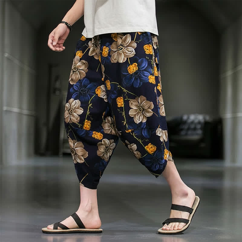 Buddha Stones Pantalones capri de verano informales estilo boho con estampado floral para hombre, corte ajustado y bolsillos. - image 2