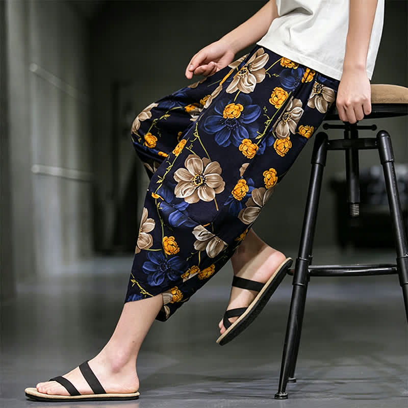 Buddha Stones Pantalones capri de verano informales estilo boho con estampado floral para hombre, corte ajustado y bolsillos. - image 10