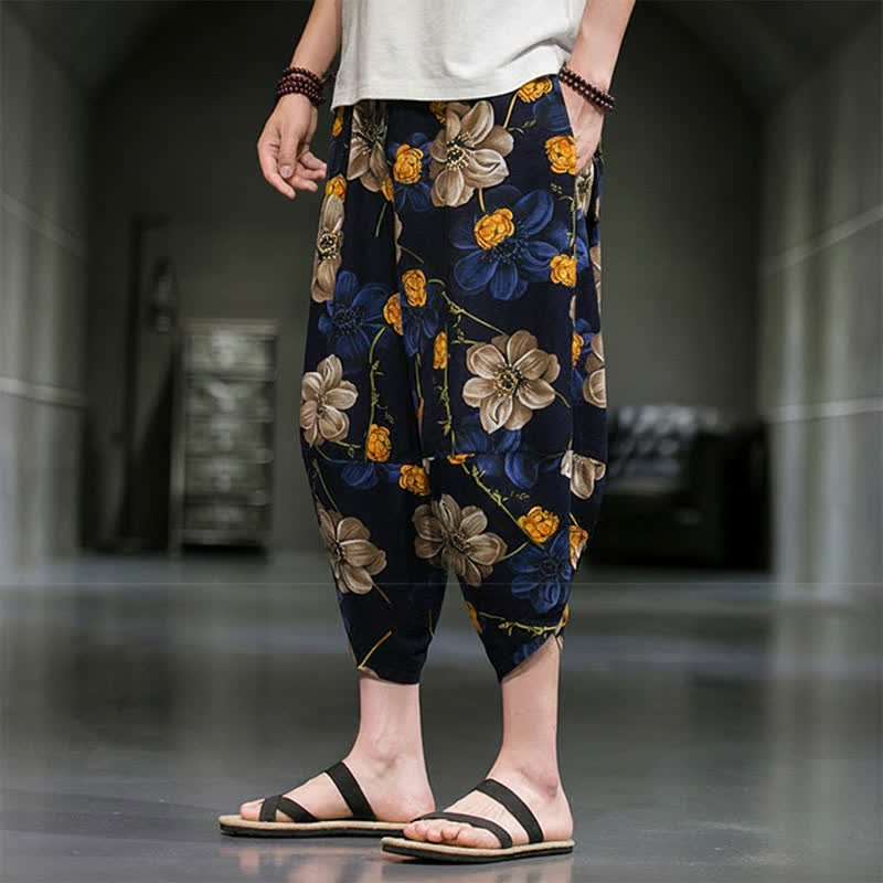 Buddha Stones Pantalones capri de verano informales estilo boho con estampado floral para hombre, corte ajustado y bolsillos. - image 6
