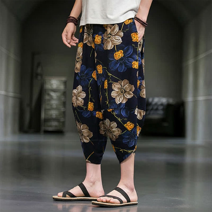 Buddha Stones Pantalones capri de verano informales estilo boho con estampado floral para hombre, corte ajustado y bolsillos. - image 6