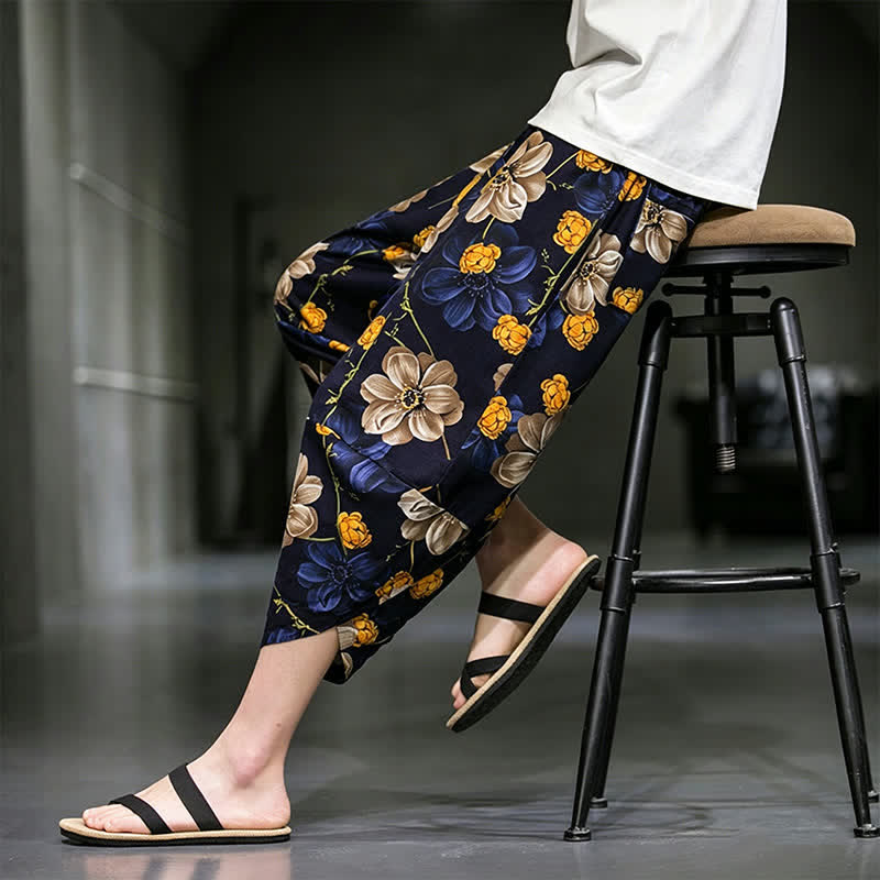 Buddha Stones Pantalones capri de verano informales estilo boho con estampado floral para hombre, corte ajustado y bolsillos. - image 9
