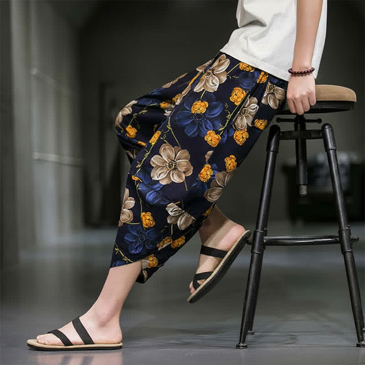 Buddha Stones Pantalones capri de verano informales estilo boho con estampado floral para hombre, corte ajustado y bolsillos. - Azul medianoche - US/UK/AU48, EU58 (5XL) - image 0