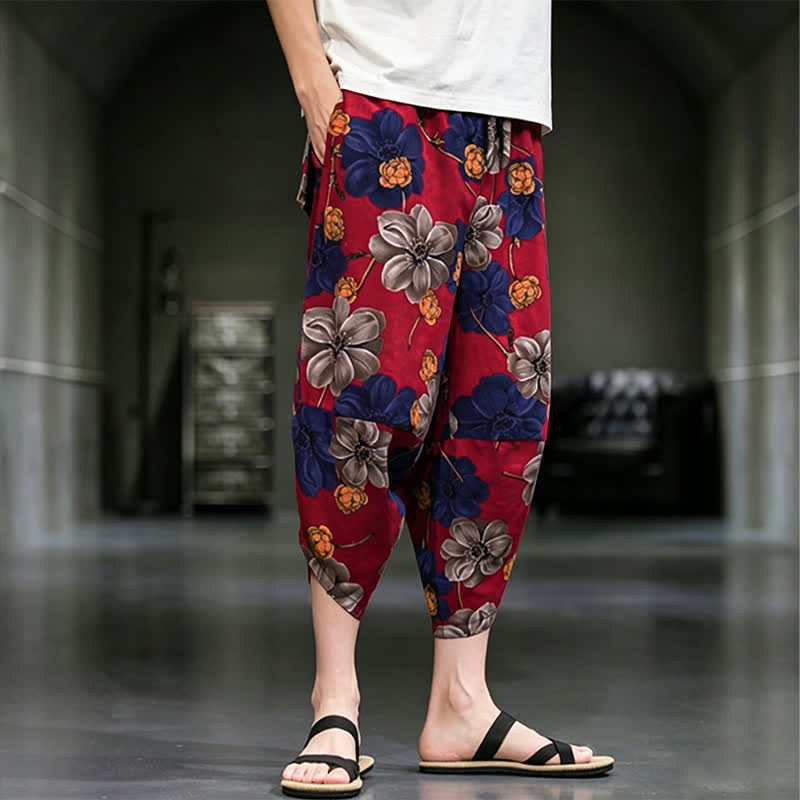 Buddha Stones Pantalones capri de verano informales estilo boho con estampado floral para hombre, corte ajustado y bolsillos. - image 12
