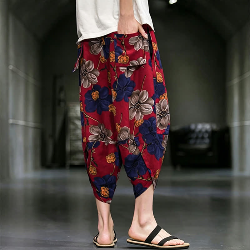 Buddha Stones Pantalones capri de verano informales estilo boho con estampado floral para hombre, corte ajustado y bolsillos. - image 14