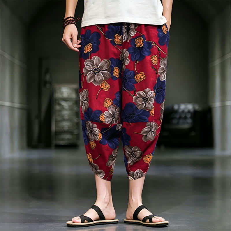 Buddha Stones Pantalones capri de verano informales estilo boho con estampado floral para hombre, corte ajustado y bolsillos. - Ladrillo refractario - US/UK/AU46, EU56 (5XL) - image 11