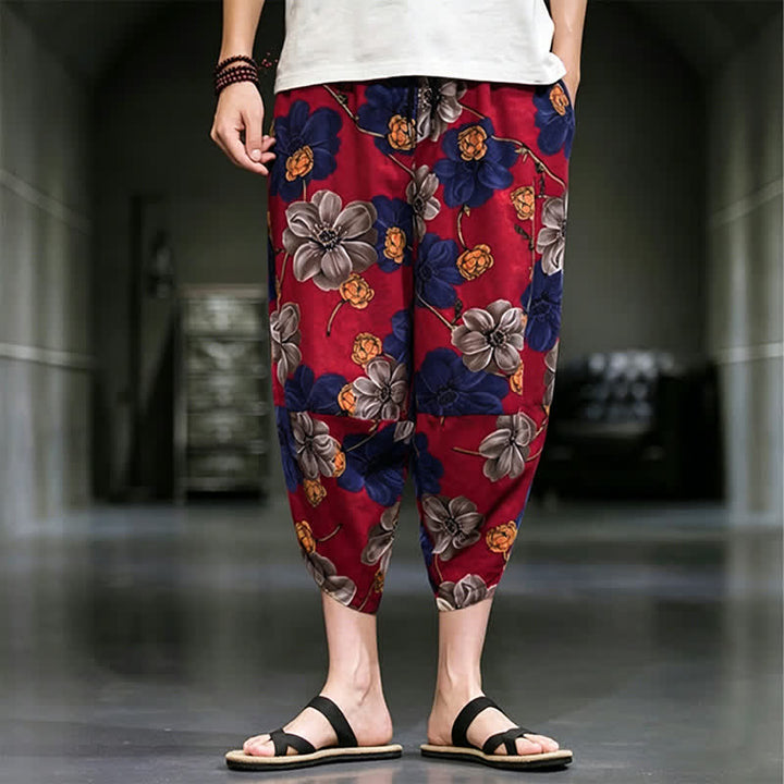 Buddha Stones Pantalones capri de verano informales estilo boho con estampado floral para hombre, corte ajustado y bolsillos. - Ladrillo refractario - US/UK/AU48, EU58 (5XL) - image 11