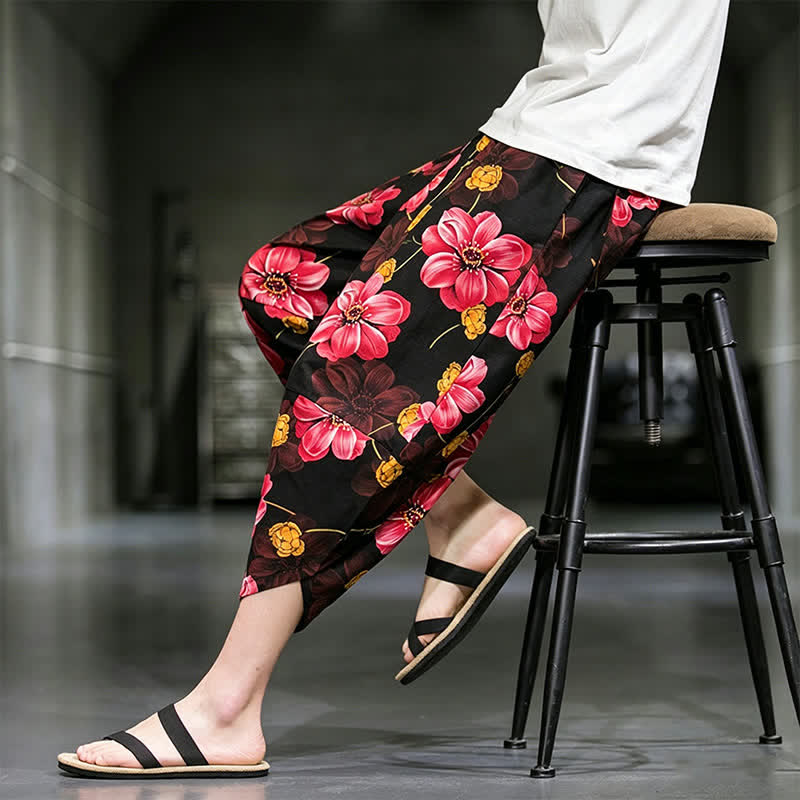 Buddha Stones Pantalones capri de verano informales estilo boho con estampado floral para hombre, corte ajustado y bolsillos. - image 24
