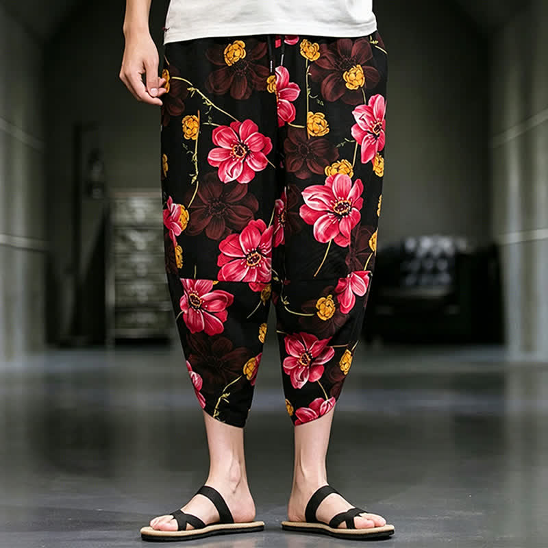Buddha Stones Pantalones capri de verano informales estilo boho con estampado floral para hombre, corte ajustado y bolsillos. - Carmesí - US/UK/AU46, EU56 (5XL) - image 18