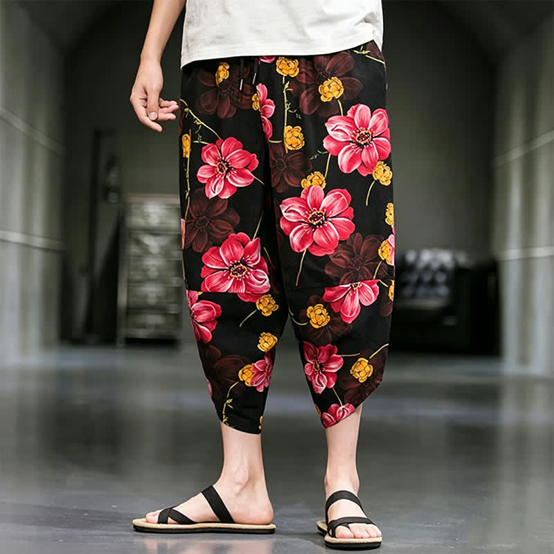 Buddha Stones Pantalones capri de verano informales estilo boho con estampado floral para hombre, corte ajustado y bolsillos. - image 22
