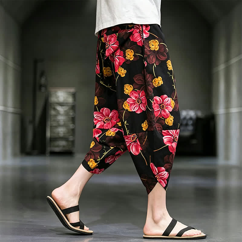 Buddha Stones Pantalones capri de verano informales estilo boho con estampado floral para hombre, corte ajustado y bolsillos. - image 19