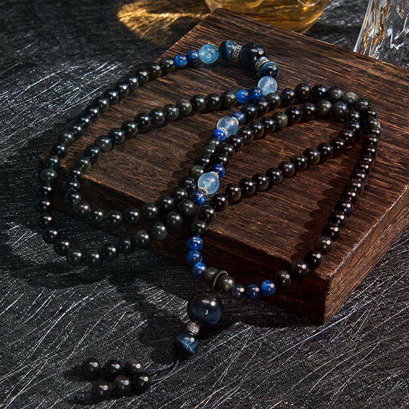 Mala de 108 cuentas con borla redonda de obsidiana negra y Buddha Stones, hecha a mano para protección. - image 1