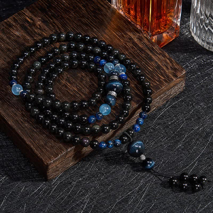 Mala de 108 cuentas con borla redonda de obsidiana negra y Buddha Stones, hecha a mano para protección. - Obsidiana negra (Protección ♥ Conexión a tierra) - image 0