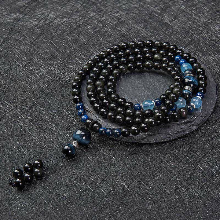Mala de 108 cuentas con borla redonda de obsidiana negra y Buddha Stones, hecha a mano para protección. - image 3