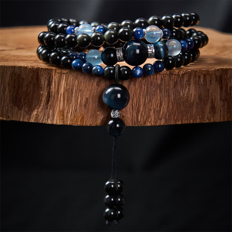 Mala de 108 cuentas con borla redonda de obsidiana negra y Buddha Stones, hecha a mano para protección. - image 2