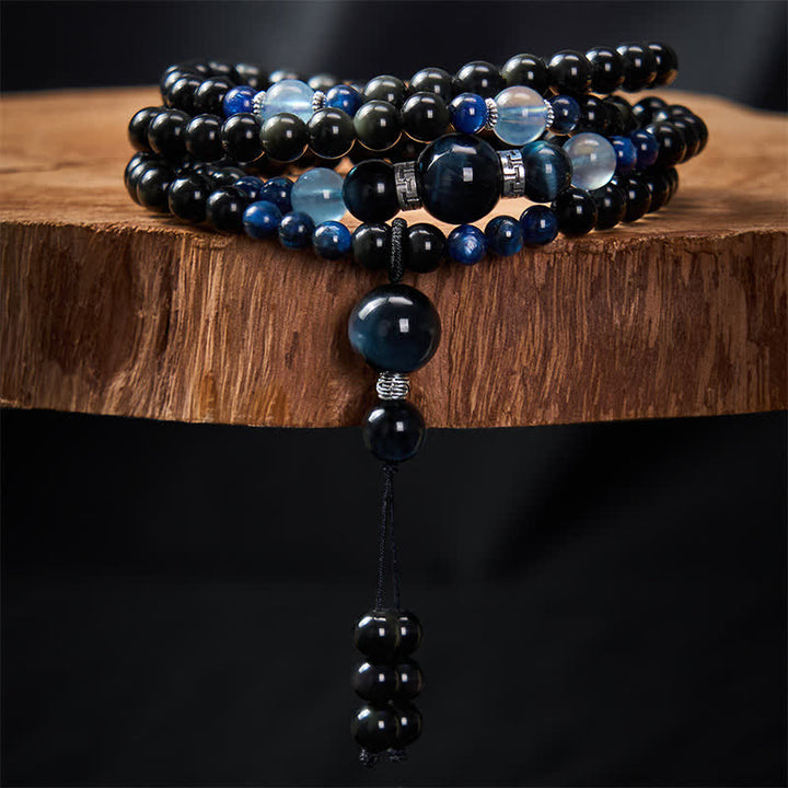 Mala de 108 cuentas con borla redonda de obsidiana negra y Buddha Stones, hecha a mano para protección. - image 2