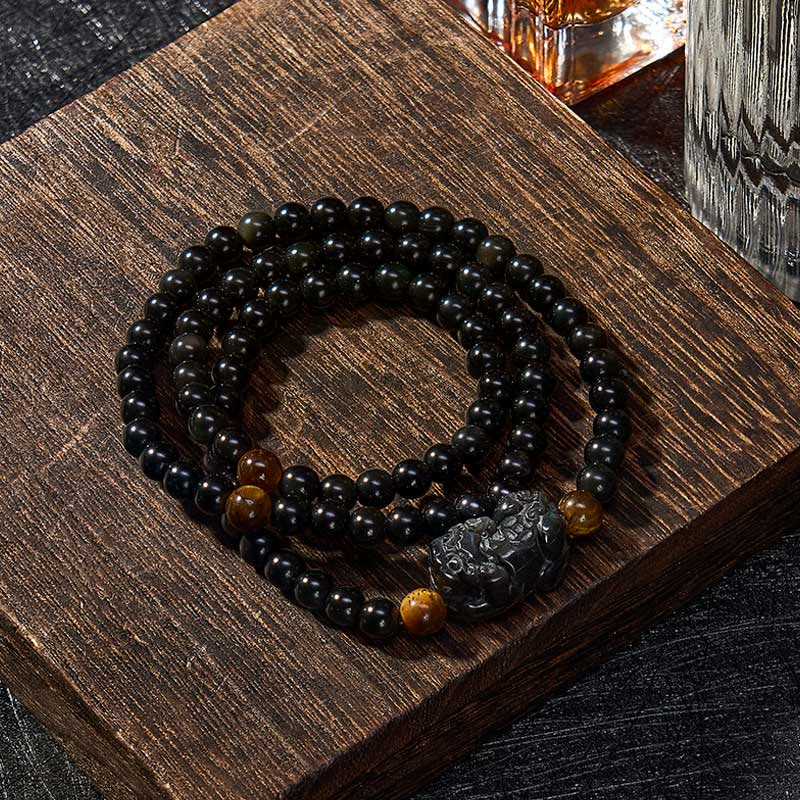 Buddha Stones Pulsera de cuentas talladas a mano PiXiu Rainbow Obsidian Black Obsidian Wealth - image 2