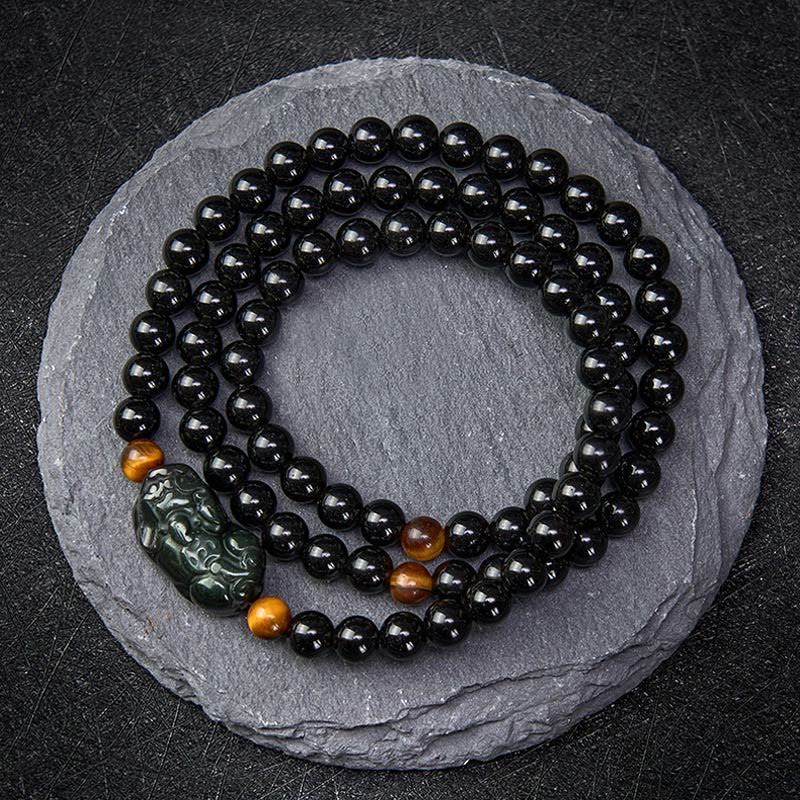 Buddha Stones Pulsera de cuentas talladas a mano PiXiu Rainbow Obsidian Black Obsidian Wealth - Cuenta de obsidiana negra (Protección ♥ Conexión a tierra) - 6 mm - image 9