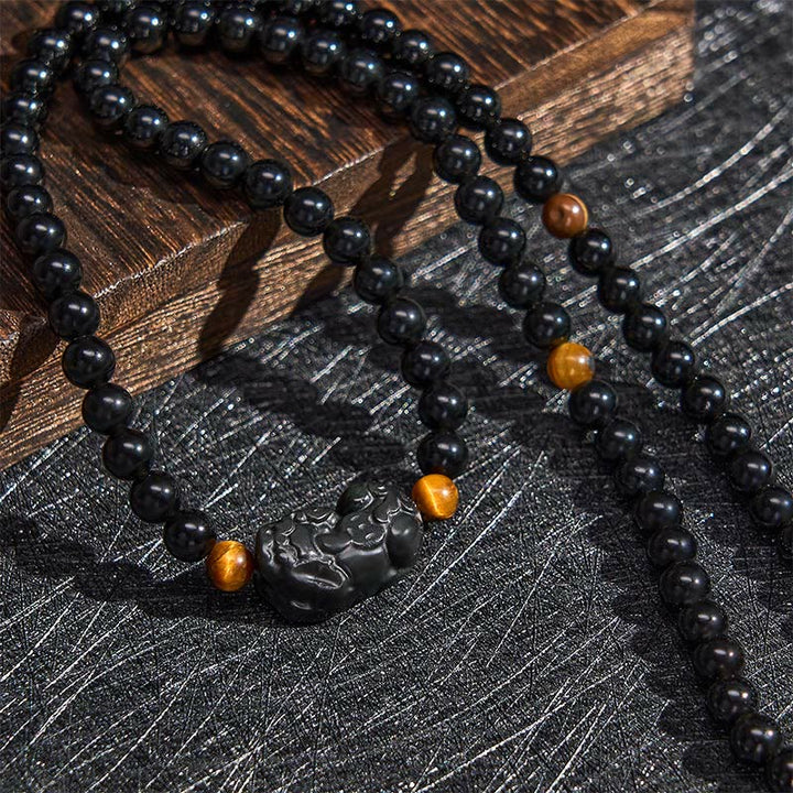 Buddha Stones Pulsera de cuentas talladas a mano PiXiu Rainbow Obsidian Black Obsidian Wealth - image 13