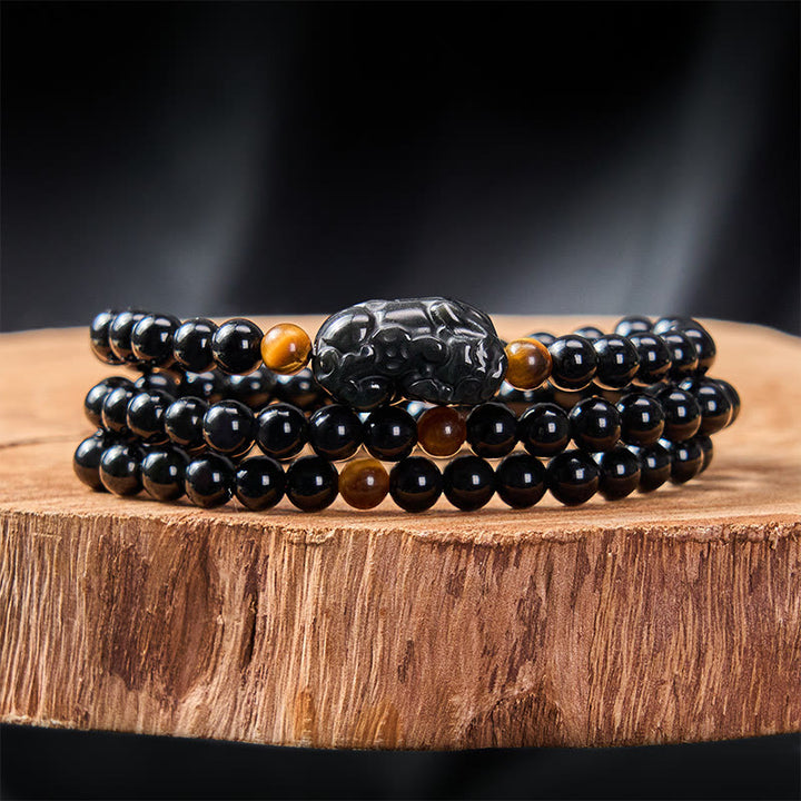 Buddha Stones Pulsera de cuentas talladas a mano PiXiu Rainbow Obsidian Black Obsidian Wealth - image 10
