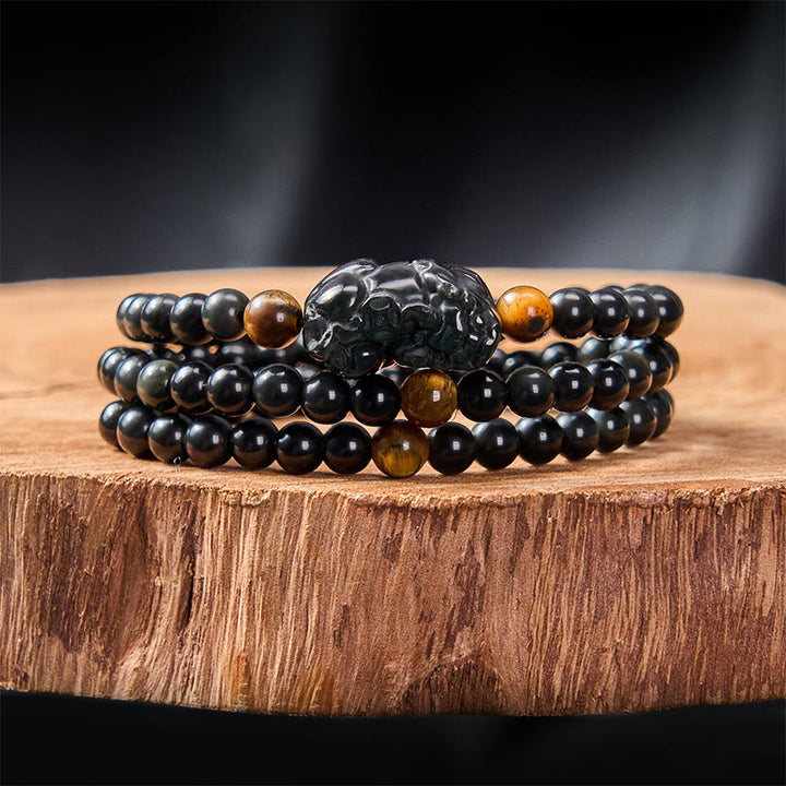Buddha Stones Pulsera de cuentas talladas a mano PiXiu Rainbow Obsidian Black Obsidian Wealth - image 1