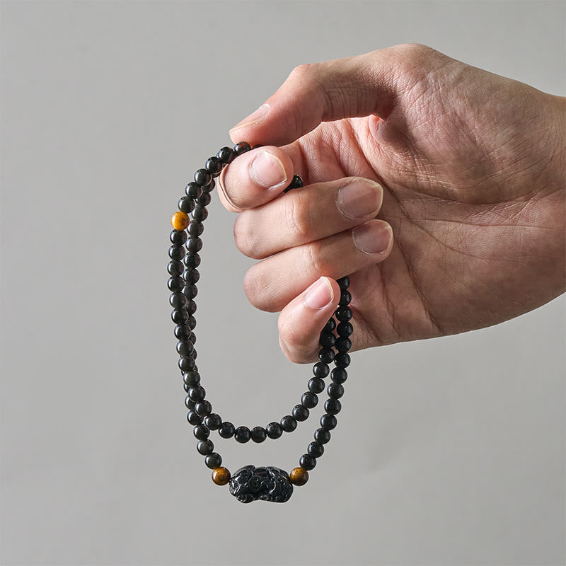 Buddha Stones Pulsera de cuentas talladas a mano PiXiu Rainbow Obsidian Black Obsidian Wealth - image 6