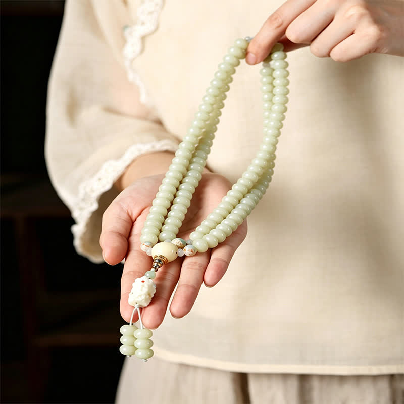 Buddha Stones Mala étnica tejida a mano de 108 cuentas con semillas de Bodhi blancas, Bodhisattva Tara Hope - image 7