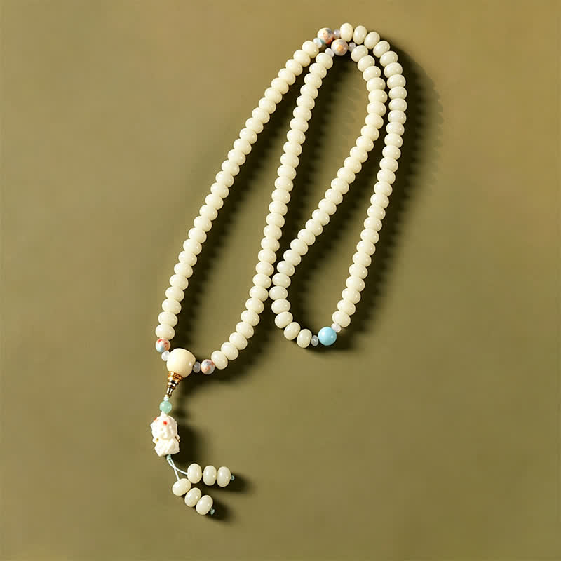 Buddha Stones Mala étnica tejida a mano de 108 cuentas con semillas de Bodhi blancas, Bodhisattva Tara Hope - image 3