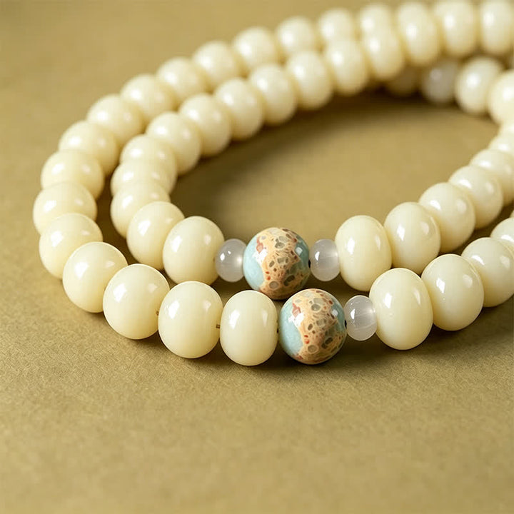 Buddha Stones Mala étnica tejida a mano de 108 cuentas con semillas de Bodhi blancas, Bodhisattva Tara Hope - image 11