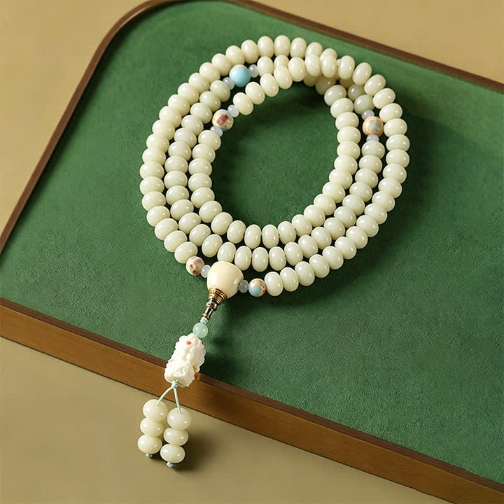 Buddha Stones Mala étnica tejida a mano de 108 cuentas con semillas de Bodhi blancas, Bodhisattva Tara Hope - Semilla de Bodhi Blanca (Pureza ♥ Claridad) - image 0