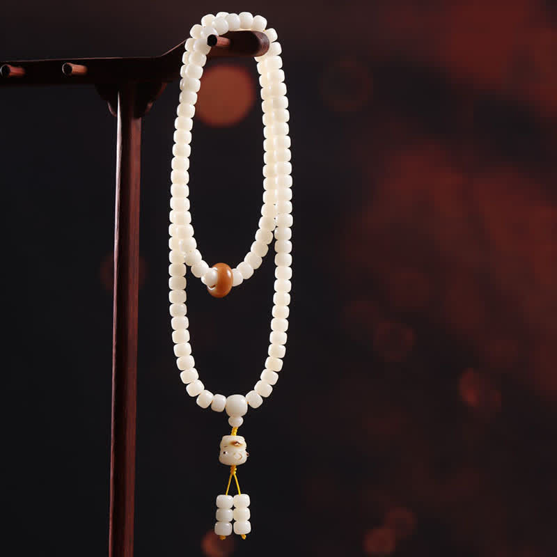Buddha Stones Mala de oración pulida a mano con semillas de Bodhi blancas y diseño de gato puro - image 2
