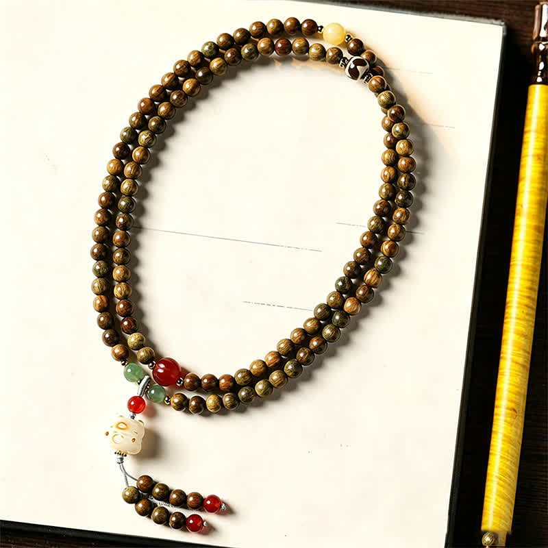 Buddha Stones Colgante de gato tejido a mano de sándalo verde Serenity Mala de estilo retro étnico - image 3
