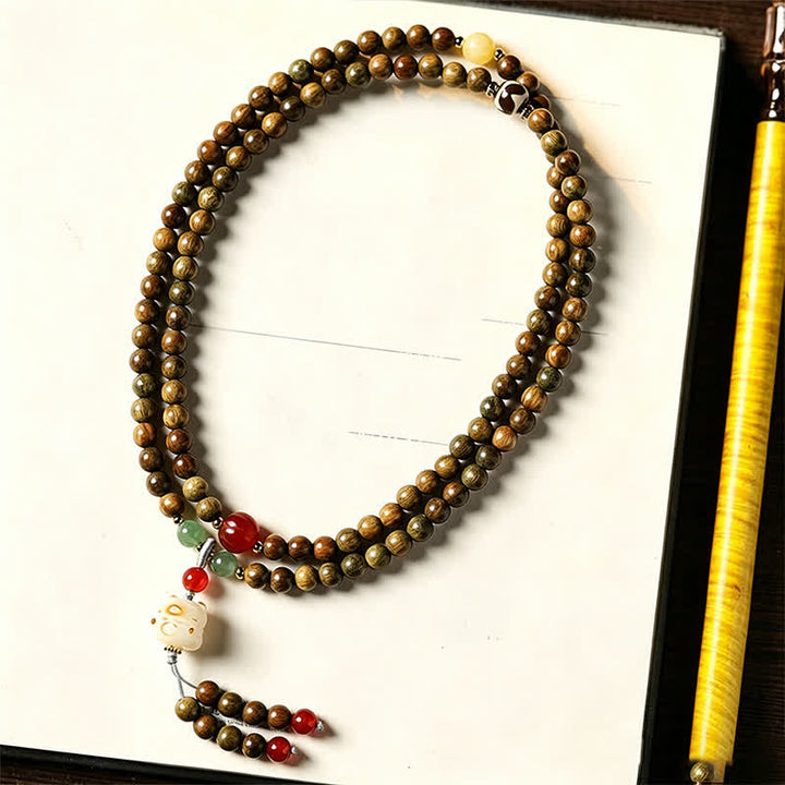 Buddha Stones Colgante de gato tejido a mano de sándalo verde Serenity Mala de estilo retro étnico - image 3