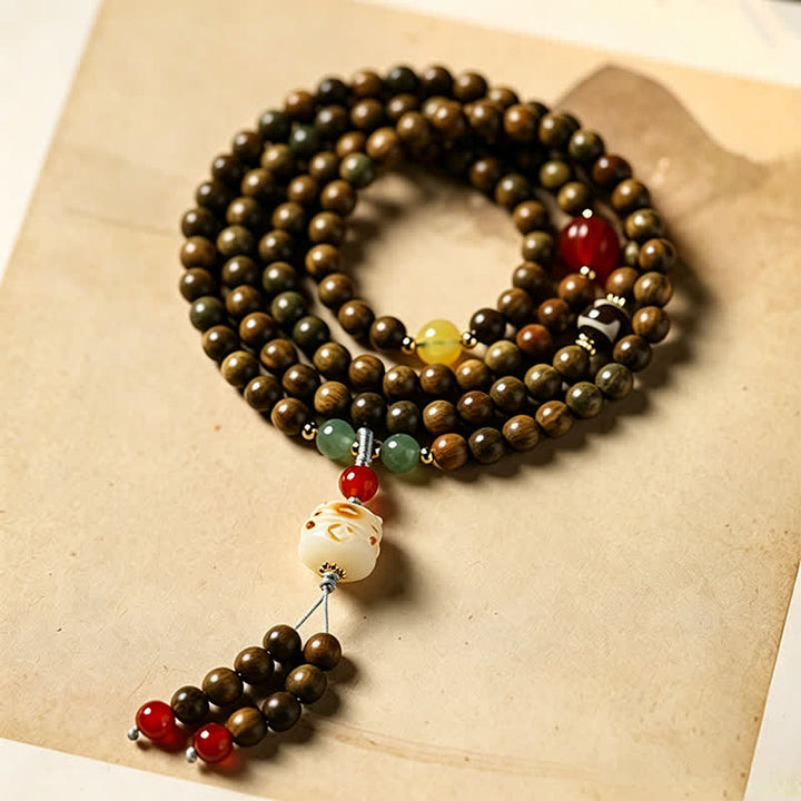 Buddha Stones Colgante de gato tejido a mano de sándalo verde Serenity Mala de estilo retro étnico - image 1