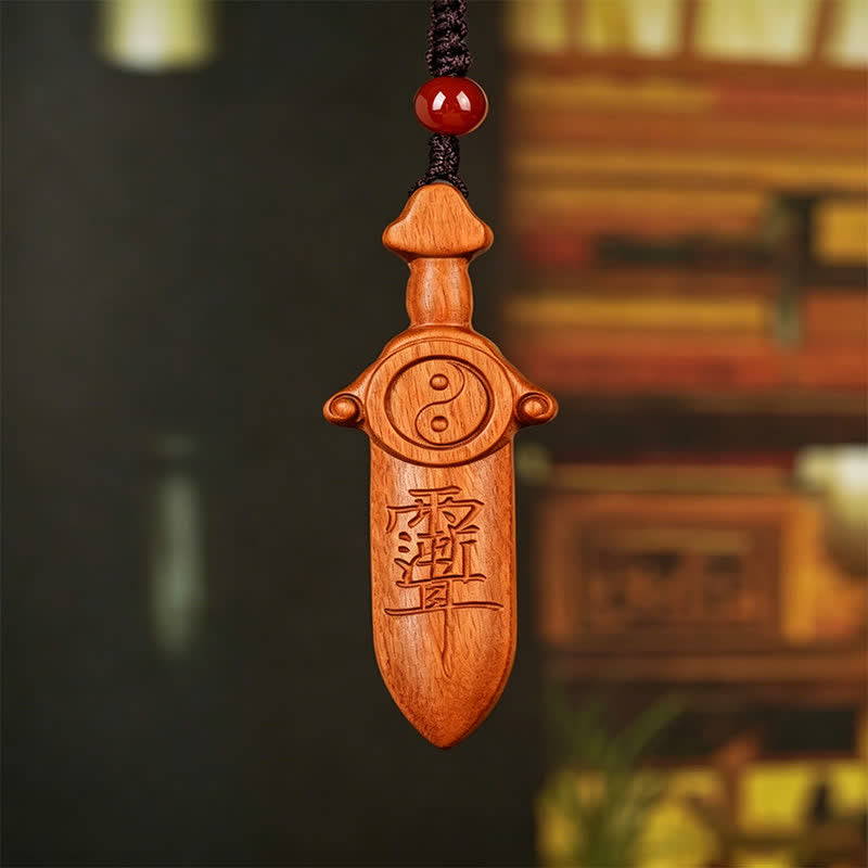 Buddha Stones Llaveros con espadas grabadas con el símbolo del equilibrio Yin Yang en madera de azufaifo. - image 2