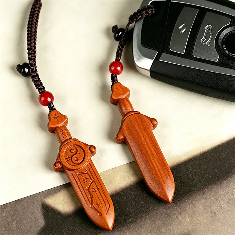 Buddha Stones Llaveros con espadas grabadas con el símbolo del equilibrio Yin Yang en madera de azufaifo. - image 3