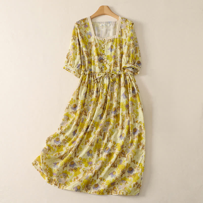 Buddha Stones Vestidos de manga corta con estampado floral y cordón ajustable para mujer, estilo vintage, primavera-verano, con bolsillo. - Caqui - US14, UK/AU18, EU46 (2XL) - image 0