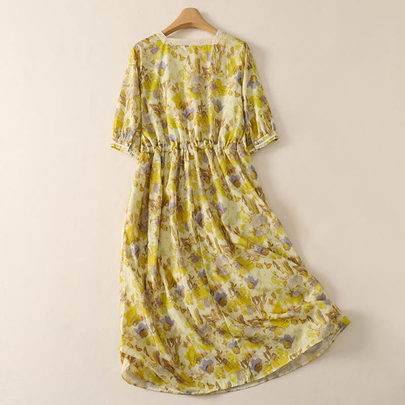 Buddha Stones Vestidos de manga corta con estampado floral y cordón ajustable para mujer, estilo vintage, primavera-verano, con bolsillo. - image 1