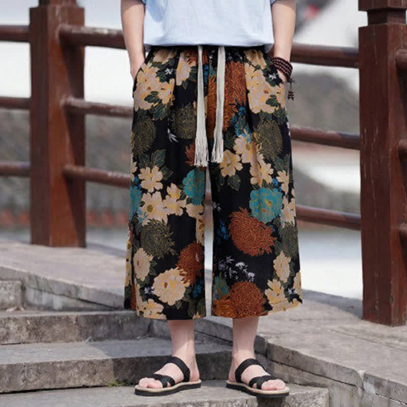 Buddha Stones Pantalones capri de verano estilo boho vintage con cordón y estampado floral para hombre, de pierna recta y con bolsillo. - image 1